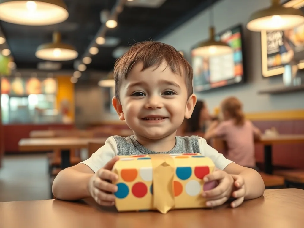Dziecko z uśmiechem trzyma kolorowy zestaw Happy Meal przy stoliku w nowoczesnej restauracji McDonald's.