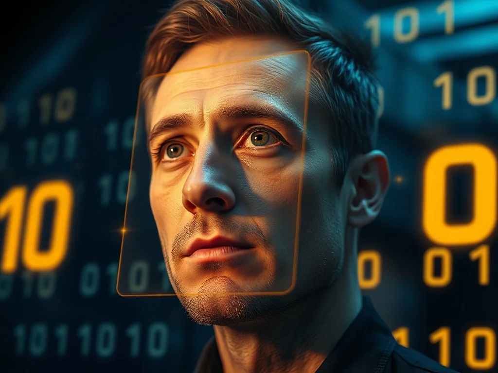 Mężczyzna wpatruje się w hologram liczby bilion w futurystycznej przestrzeni cyfrowej z kodem binarnym.